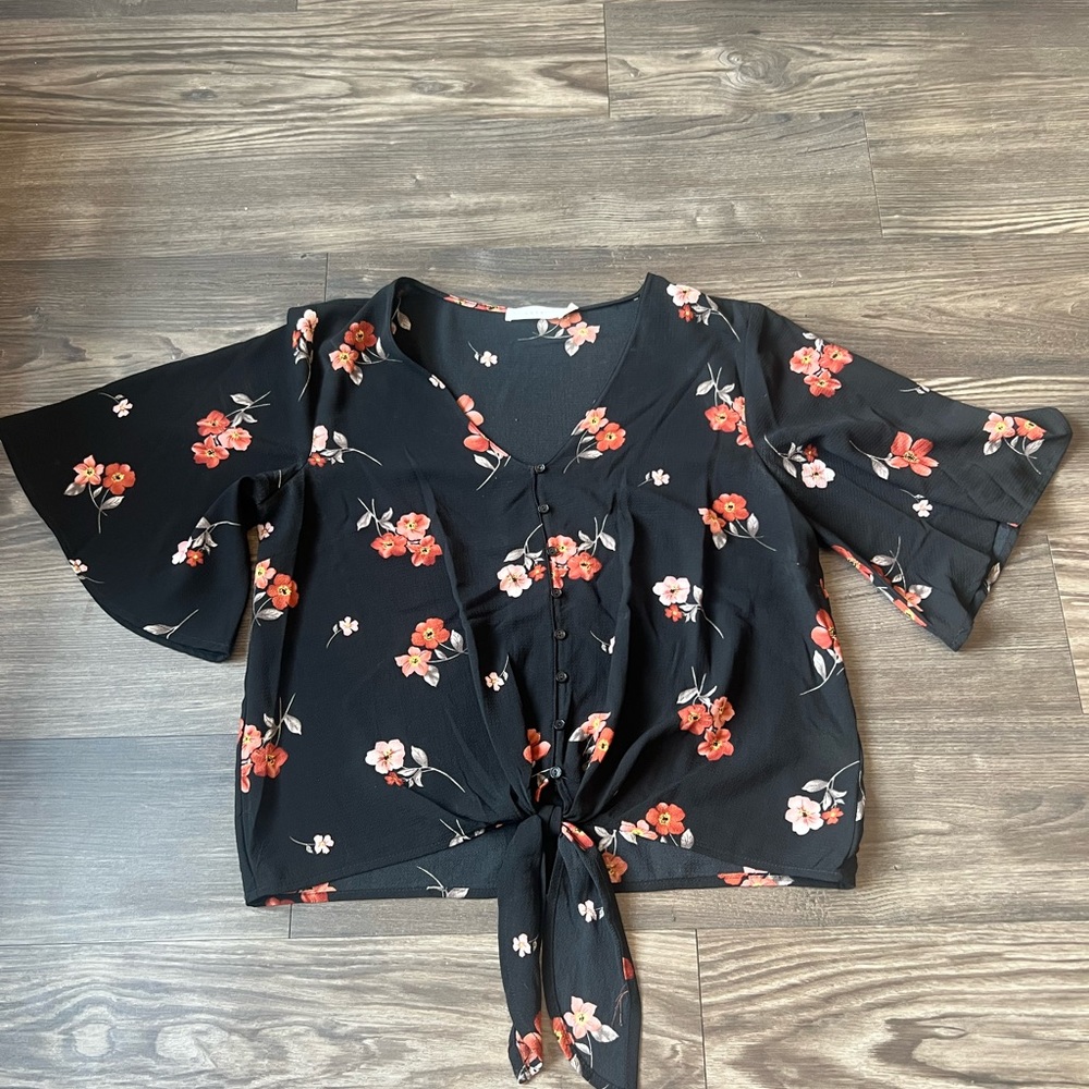 Lush Floral Front Tie Blouse
